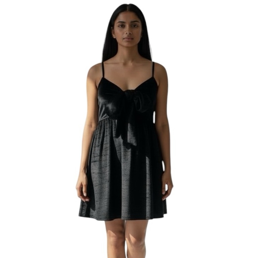 Impressions Chic Black Velvet Dress With Spaghetti Straps and Front Bow- Size M